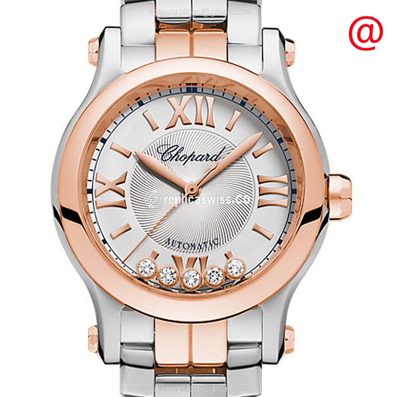 Chopard Happy Sport Replica - Automatic 18kt Rose & Steel - Silver Dial - Gold Clasp